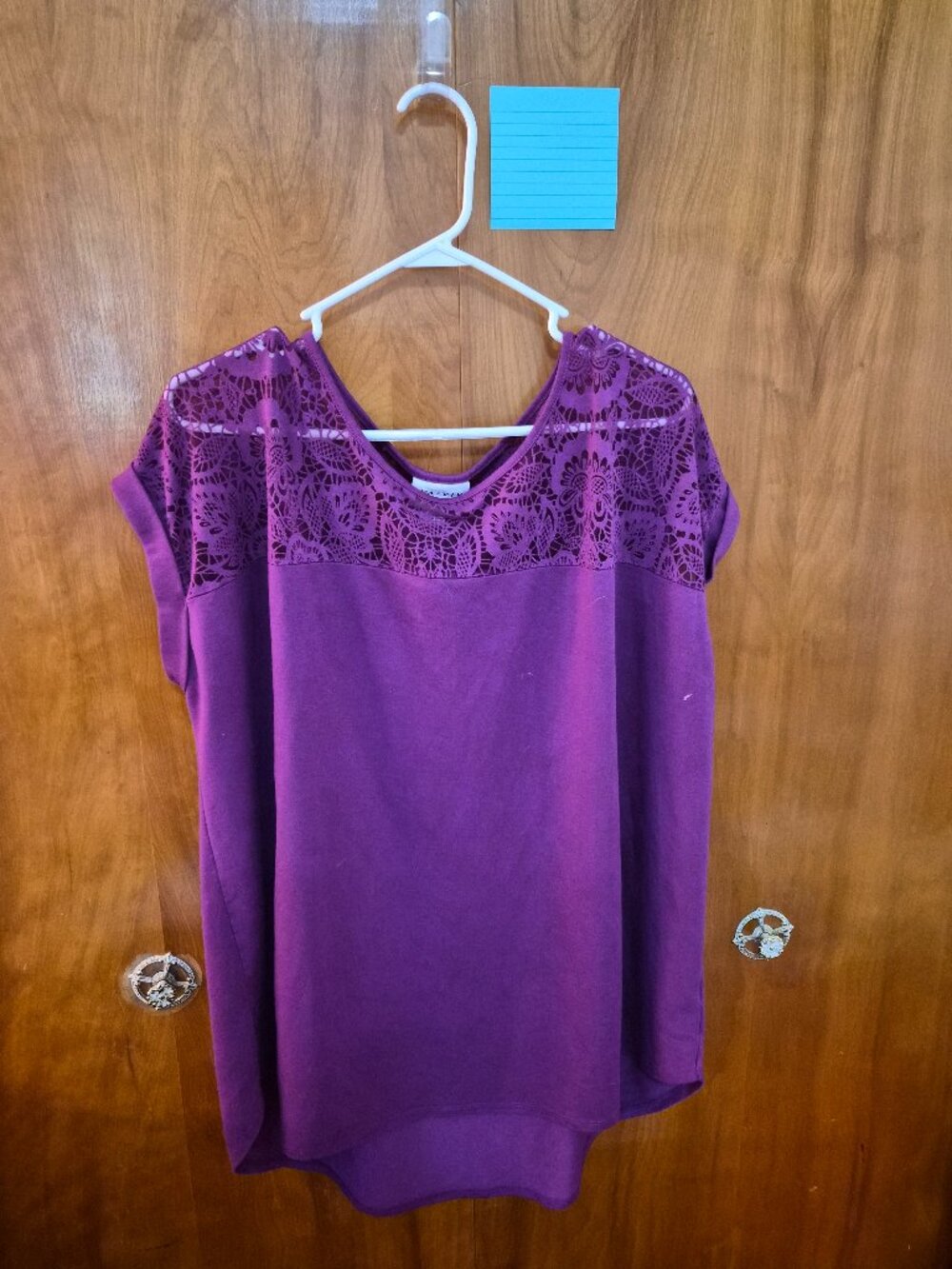 Ava & Viv Lace Yoke Blouse | Women's Plus Size 3X | Purple Short Sleeve Top
